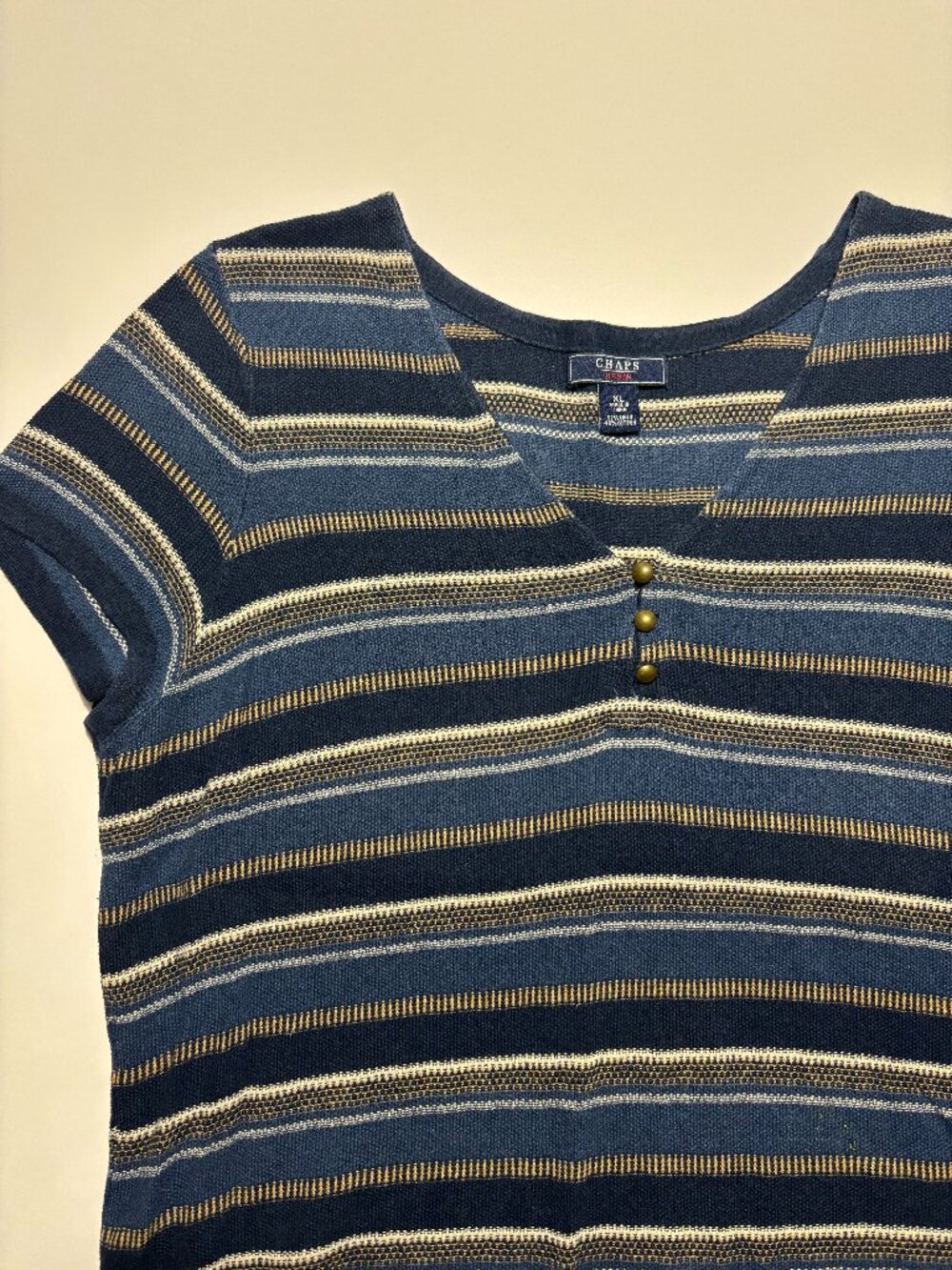 Chaps Blue & Beige Vintage Striped Linen & Cotton Short Sleeve Shirt